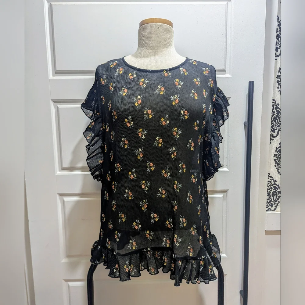George Black Flutter Sleeve Ruffled Blouse - Picture 1 of 4